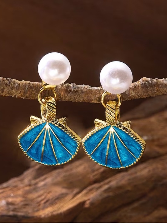 The Unbranded Brand Jewelry - Pearl Top Blue Shell Fan Drop Earrings - Women Jewelry